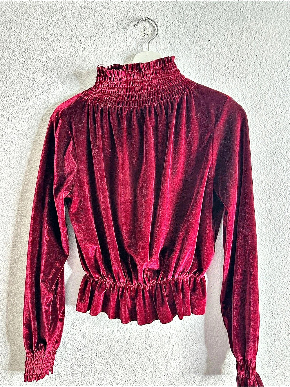 boohoo Velvet Smocked long sleeve Blouse in Red size 6 whimsigoth